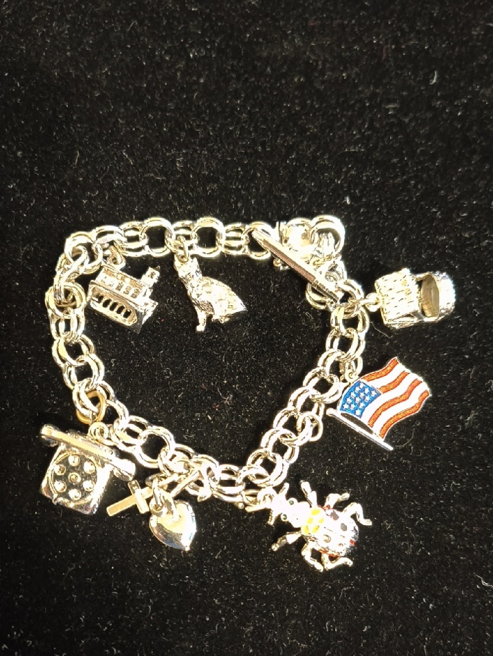 Sterling Silver Charm Bracelet with Enamel American Flag And Lady Bug